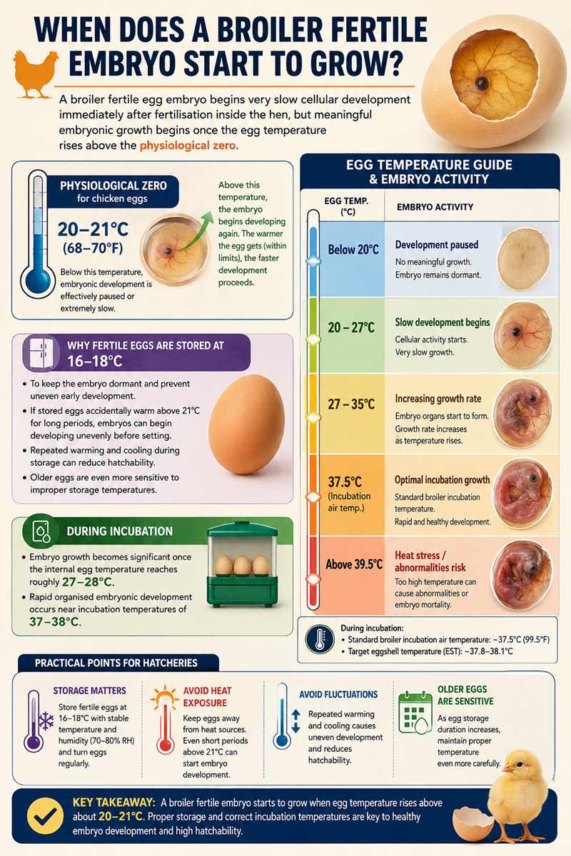When does a broiler fertile embryo start to grow ? 🌡️🐣